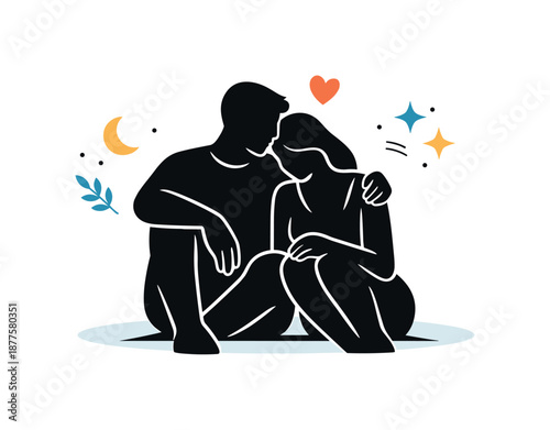 Romantic Silhouette Moments. Romantic couple silhouettes design. Clean vector silhouettes sharing a quiet moment, subtle emotional closeness expressed through