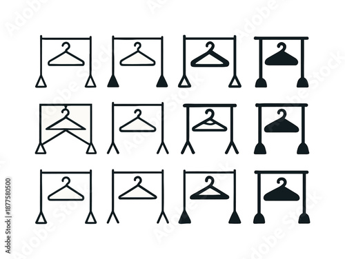 Laundry Rack Icons. Laundry drying rack. Icon set. Set Logo of laundry drying rack: hangers on rack. harmonious logo variations of the same emblematic concept,