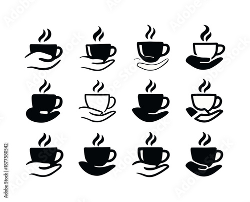 Latte Logo Set. Latte in hand. Icon set. Set Logo of latte in hand: cup steam curve. harmonious logo variations of the same emblematic concept, each with