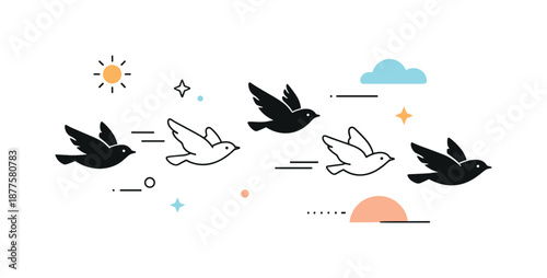 Birds in Flight. Seasonal return of birds. Simple birds flying across open space with abstract decorative elements, creating a sense of freedom and fresh