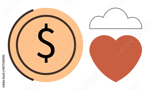 Financial balance, love, happiness, cloud, wealth, emotion. A coin with a dollar sign, heart and cloud. Financial balance and love concept highlighting value dynamics