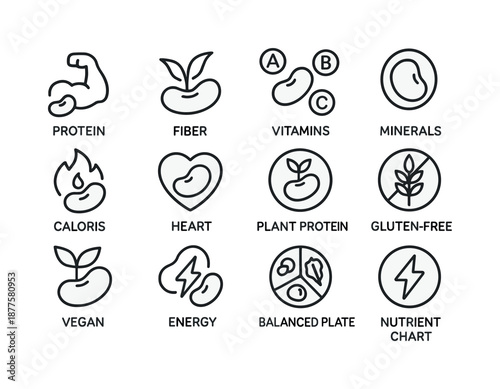 Bean Nutrition Icons. Bean Nutrition. Line icon set of Bean Nutrition: protein symbol, fiber symbol, vitamins icon, minerals icon, calories icon, heart health