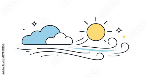 Calm Weather Shift. Gentle weather shift. Abstract icons of wind, sun, and clouds arranged in harmony, calm and reassuring feeling. Motion lines softly