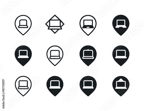 Digital Nomad Icons. Digital Nomad Communities and Remote Workspaces. Icon set. Set Logo of digital nomad communities and remote workspaces: location pin with