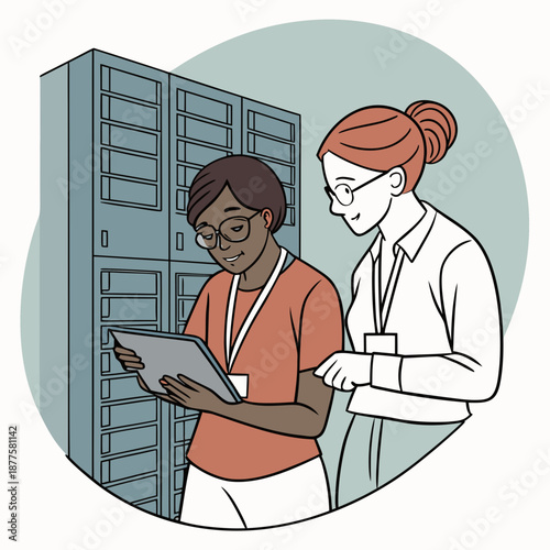 Two it professionals collaborating in a server room while analyzing data on a tablet. An illustration depicts two women collaborating in what appears to be a server room or data center. The woman