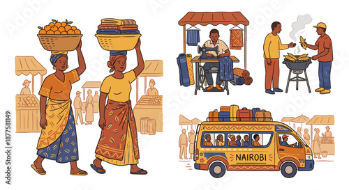 Vector illustration of Africa local flavor featuring market women carrying baskets, street tailor sewing, men roasting corn maize, and public transport bus matatu in Nairobi style.