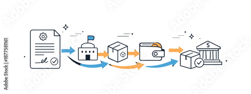 Smart Contract Flow. Automated contract execution. Smart contract triggering actions shown as flowing arrows between blocks, smooth and reliable process.