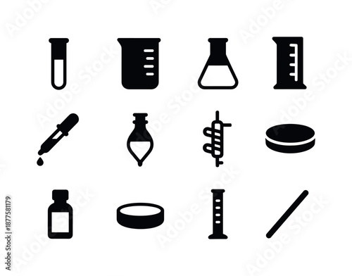 Lab Glassware Icons. Lab glassware. Solid icon set of Lab glassware: test tube, beaker, flask, measuring cylinder, pipette, separatory funnel, condenser tube,