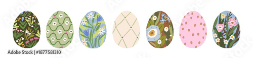 Easter egg patterns set. Decorated painted dyed spring holiday symbols with floral print, polka dot, grid, speckled texture, flower drawings. Flat vector illustration isolated on white background