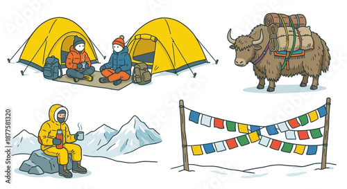 Himalayan Base Camp Set with Yellow Tents Yak and Tibetan Prayer Flags. Local Flavor Vector Illustration of Winter Expedition and Mountaineering.