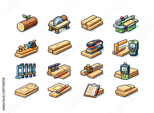 Timber Preparation Icons. Timber preparation. Colorful isometric vector icons set of timber preparation: raw log, sawmill cut, rough board, jointing, planing,