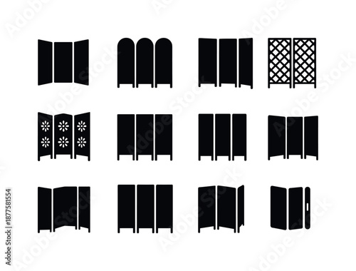 Folding Screen Icons. Folding screen types. Solid icon set of folding screen types: privacy screen, room divider, dressing screen, decorative screen, office