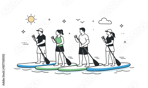 Group Paddleboarding Adventure. Group paddleboarding together. A small group standing on paddleboards, moving calmly across the water. Balanced motion and
