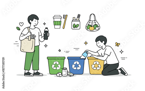 Sustainable Living Choices. Green lifestyle routine. Individual choosing reusable items and sorting recycling bins. Sustainable choices and mindful living.