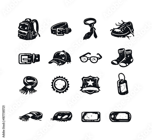 Vintage Accessories Icons. Old school clothing accessories. Solid icon set of old school clothing accessories: worn backpack, faded belt, loose necktie, broken