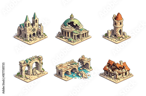 Ruined Architecture Icons. Ruined architecture. Isometric flat vector icons set of ruined architecture: crumbling cathedral, shattered dome, broken tower,