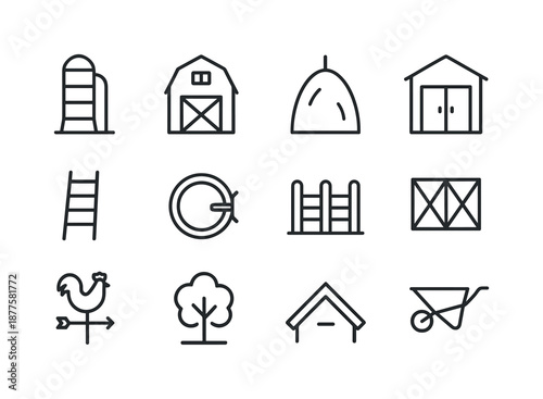 Rural Storage Icons. Rural storage. Line icon set of Rural storage: grain silo, barn with loft, haystack, storage shed, ladder, silo hatch, fence, barn door,