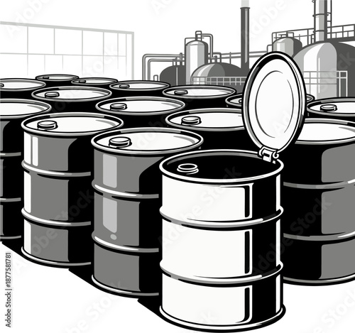 Line Art Cartoon Oil Drums Factory Scene with Tanks Chimneys, Black White Vector Art