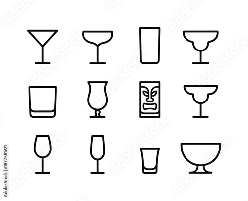 Cocktail Icon Set. Cocktail glasses. Line icon set of Cocktail glasses: martini glass, coupe glass, collins glass, highball glass, rocks glass, hurricane