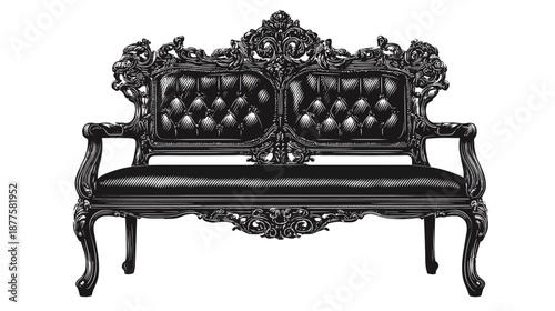 A detailed black and white illustration of an ornate, tufted, Victorian sofa on a white background