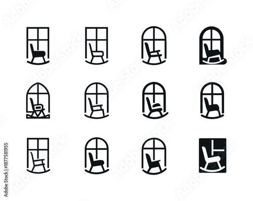 Rocking Chair Logos. Rocking chair by the window. Icon set. Set Logo of rocking chair by the window: modern window + rocker composition. harmonious logo