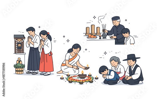Cultural New Year Rituals. Cultural New Year celebration. People performing traditional New Year rituals from different cultures, wearing simple symbolic