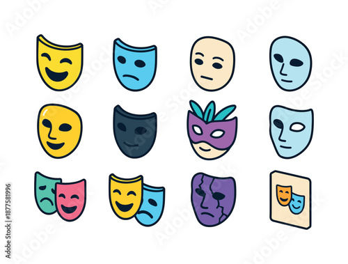 Colorful Theater Masks. Theater masks. Colorful isometric vector icons set of theater masks: classic comedy mask, tragedy mask, neutral mask, abstract mask,