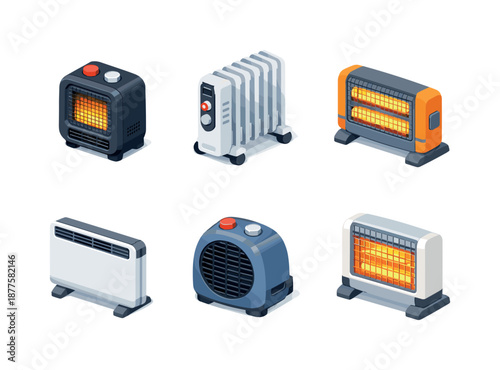 Isometric Space Heater Icons. Space Heaters. Isometric flat vector icons set of Space Heaters: mini ceramic heater, oil radiator unit, quartz infrared heater,