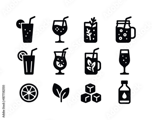 Mocktail Icons Collection. Mocktails. Solid icon set of mocktails: fruit cooler, sparkling spritz, iced herbal drink, berry infusion, citrus soda, tropical