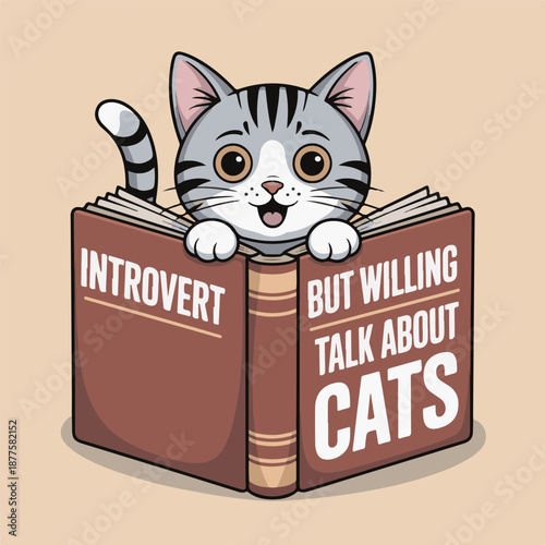 Cute cat peeking over open book saying introvert but willing talk about cats