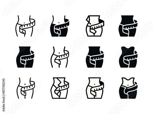 Fitness Logo Icons. Fitness assessments and body measurements. Icon set. Set Logo of fitness assessments and body measurements: measuring tape. harmonious logo