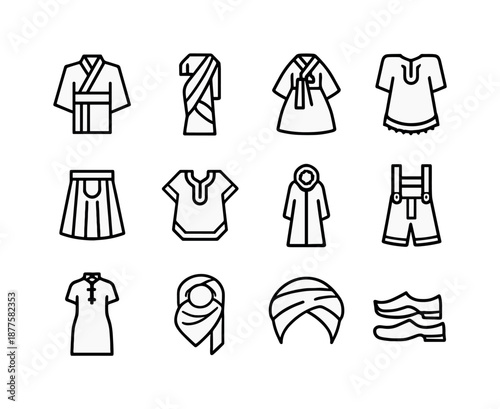 Cultural Attire Icons. Cultural dress. Line icon set of Cultural dress: kimono, saree, hanbok, kilt, dashiki, poncho, qipao, abaya, lederhosen, kaftan, turban,