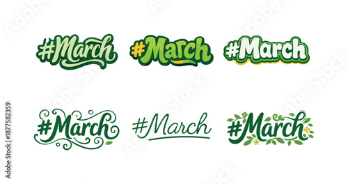 Diverse Typography Showcase. March Hashtag. Set lettering. harmonious lettering variations of the same emblematic concept, each with different artistic