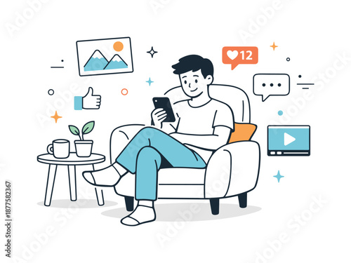 Calm Social Scrolling. Social media scrolling daily routine. Individual sitting comfortably while browsing posts and images, calm mood and habitual online
