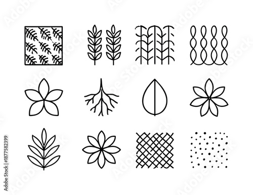 Botanical Line Icon Set. Fern. Line icon set of botanical patterns: fern tile, leaf repeat, vine grid, stem loop, petal outline, root pattern, seed shape,