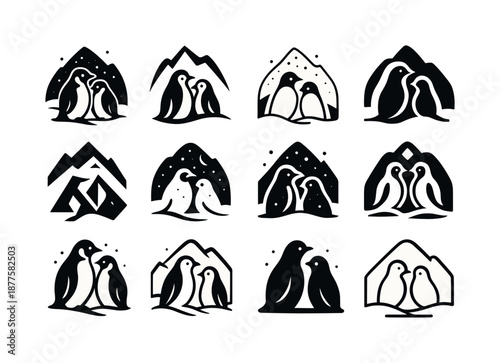 Winter Animal Logo Grid. Snowy landscapes with animals in winter habitats. Icon set. Set Logo of snowy landscapes with animals in winter habitats: penguins