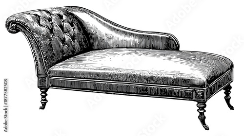 A black and white illustration of an elegant chaise lounge, with ornate detailing