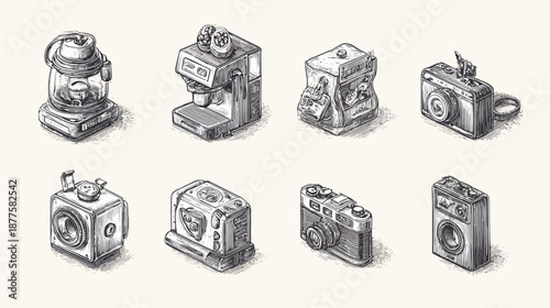 Hand-drawn isometric sketch icons featuring household appliances like coffee maker, toaster, washing machine, vintage cameras, and travel bag