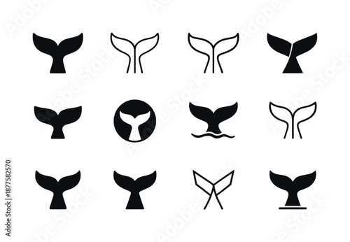 Marine Mammal Icons. Marine mammals. Icon set. Set Logo of Marine mammals: whale tail fluke. harmonious logo variations of the same emblematic concept, each