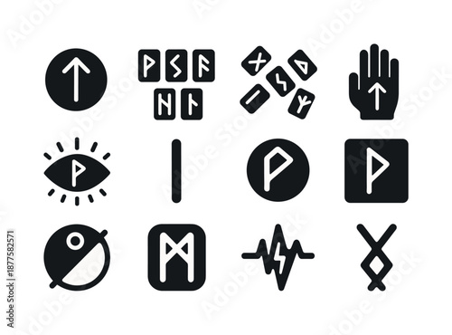 Runic Divination Icons. Runic divination. Solid icon set of runic divination: question rune, past-present-future spread, rune cast, reading hand, insight