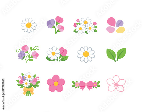 April Flower Icons. April birth flowers. Colorful flat vector icons set of April birth flowers: daisy bloom, sweet pea flower, daisy cluster, pastel petals,