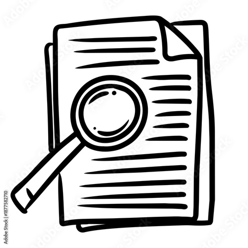 hand drawn black and white doodle illustration of a magnifying glass hovering over a stack of documents. 