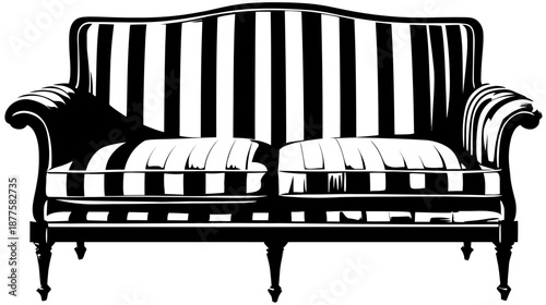 A classic, detailed black and white illustration of a striped couch with rolled armrests and short legs