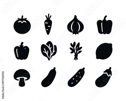 Fresh Ingredients Icons. Fresh ingredients. Solid icon set of fresh ingredients: tomato, carrot, onion, garlic bulb, bell pepper, leafy greens, herbs bunch,
