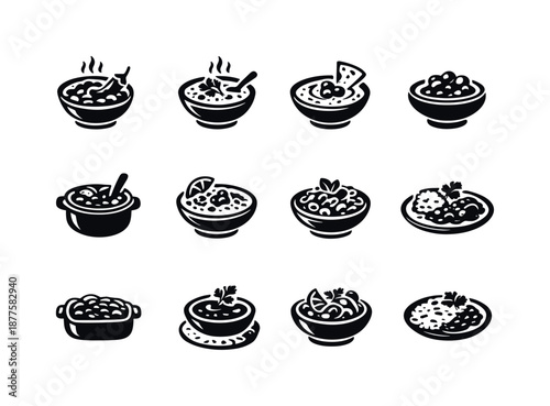 Global Bean Dish Icons. Global bean dishes. Solid icon set of Global bean dishes: Mexican beans, Indian dal bowl, Mediterranean hummus, Japanese adzuki