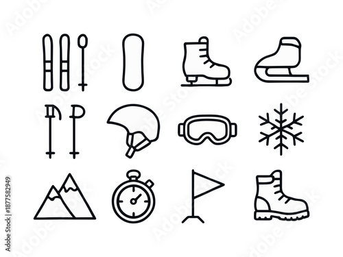 Winter Sports Icons. Winter sports. Line icon set of winter sports: skis, snowboard, ice skate, sled, ski poles, helmet, goggles, snowflake, mountain peak,