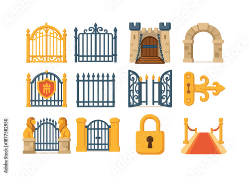 Palace Gates Icons. Palace gates. Colorful flat vector icons set of palace gates: arched golden gate, wrought iron gate, castle drawbridge, stone entry arch,