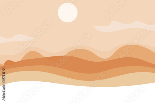 Minimal Desert Landscape Illustration Background – Abstract Sand Dunes with Sun and Clouds, Warm Beige Pastel Vector Scene, Modern Wavy Horizon Wallpaper for Travel, Nature, Poster Design