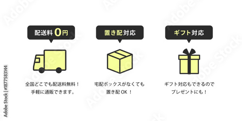 ジェットブラックの角丸吹き出しとパステルバタークリームの太線アイコン、「配送料0円」のトラック・「置き配対応」の段ボール・「ギフト対応」のプレゼント箱のECサイト向け説明図セット