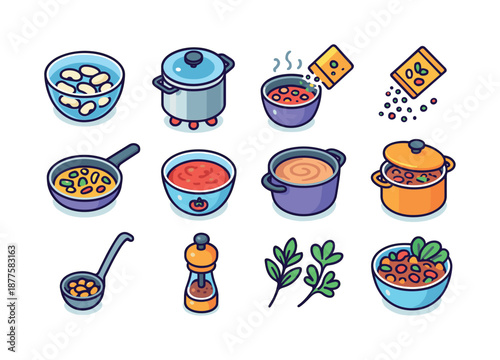 Colorful Bean Cuisine Icons. Cooking With Beans. Colorful isometric vector icons set of Cooking With Beans: soaked beans, boiling pot, simmering beans,
